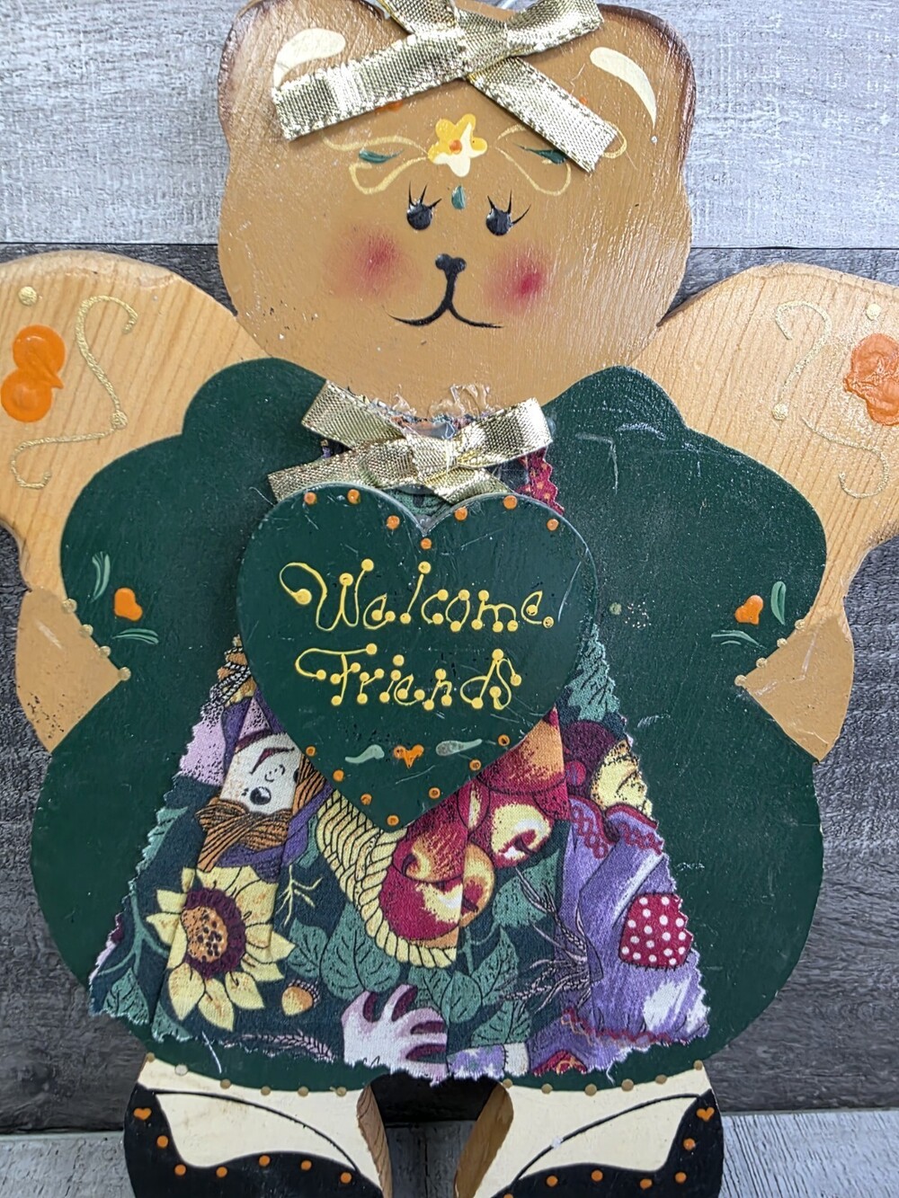 Vintage 12" Handmade Wooden Bear Angel Welcome Friends Decor Made In Mexico g64